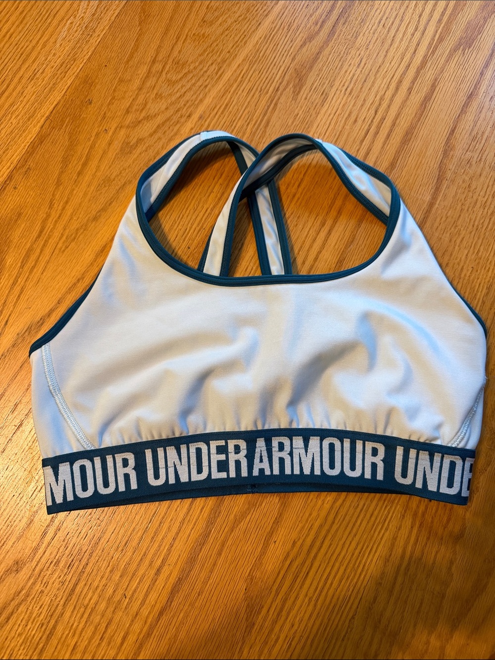 Under Armour Light Blue Sports Bra with Navy Trim & Logo Band